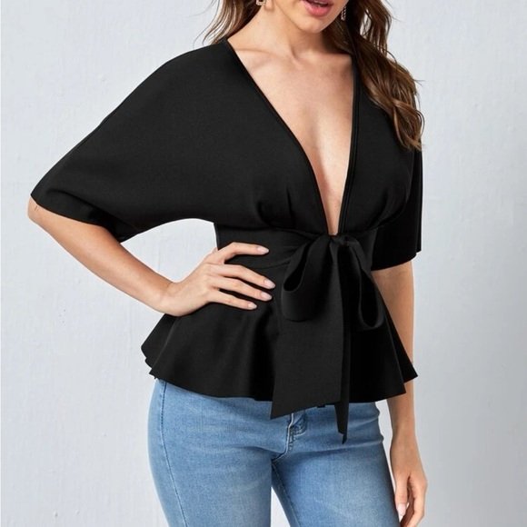 Classic Plunging Neck Tie Waist Peplum Top Blouse Shirt White - Picture 10 of 10